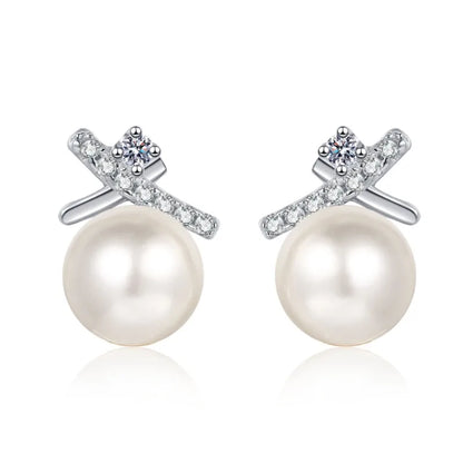 Women Valentine's Day 18K White Gold Wedding Earplug Stud Earrings Girl Freshwater Pearl 0.1CT Moissanite Diamond Birthday Gift